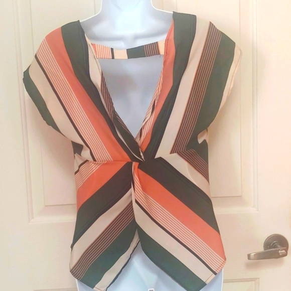 Shein top, vertical stripes army green cream and light dust mauve, size XS - Picture 2 of 8